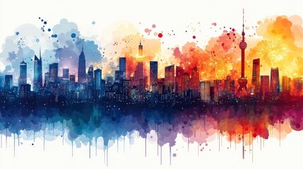 Obraz premium Vibrant city skyline at sunset with colorful splashes, depicting urban life and energy
