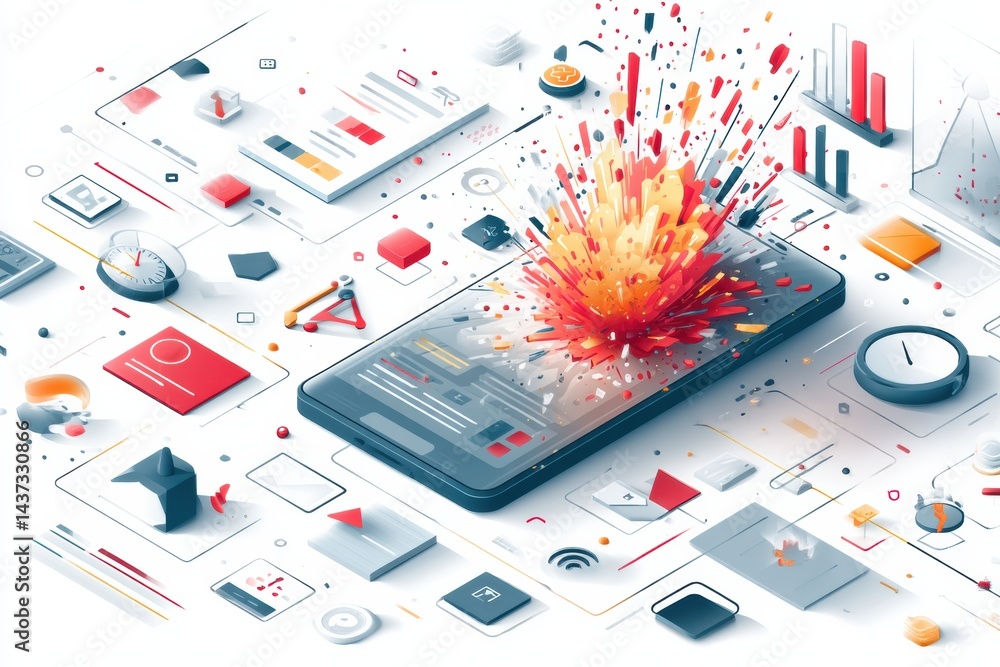 Aufkleber Stylized Smartphone Bursting With Vibrant Interface Elements and Notifications in a Modern Digital Environment