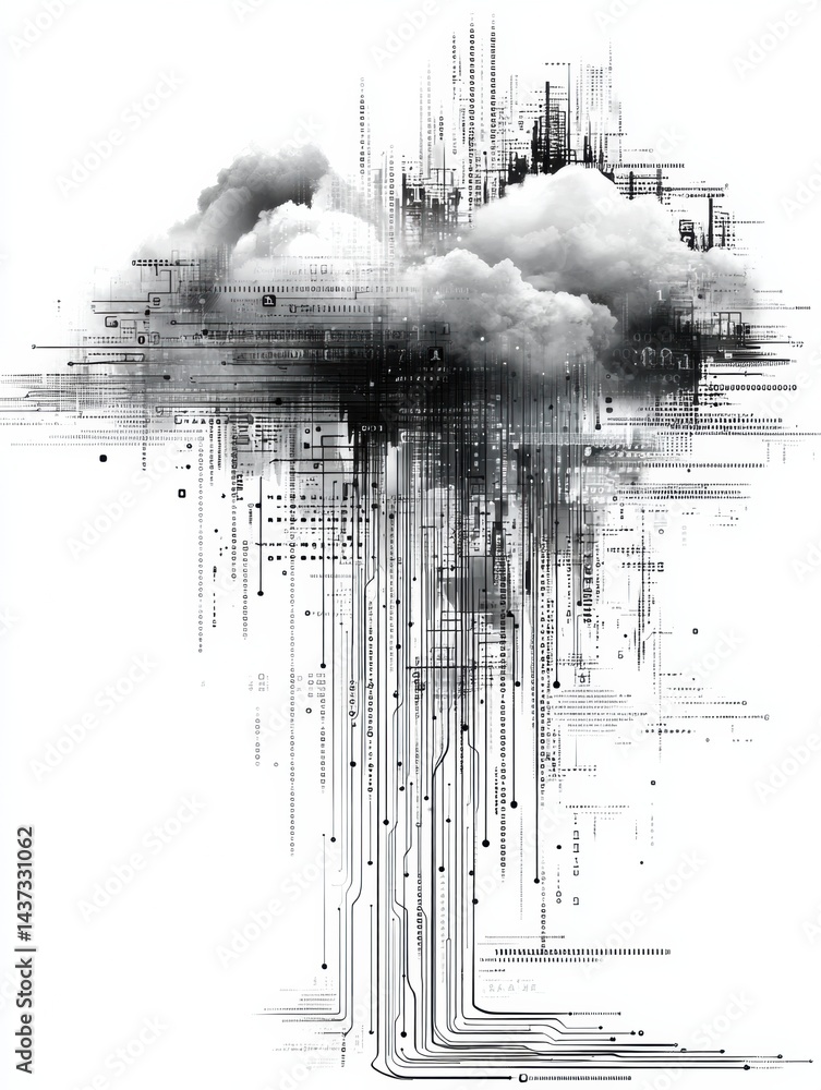 Aufkleber Visual Metaphor Depicting Thinking AI as a Cloud Composed of Flowing Code and Data in a Digital Landscape