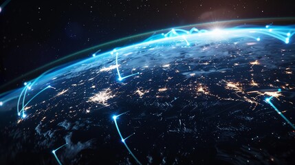planet with a network of lines connecting it to other planets. Connections system and global datas exchanges over the globe 3D rendering elements of this image