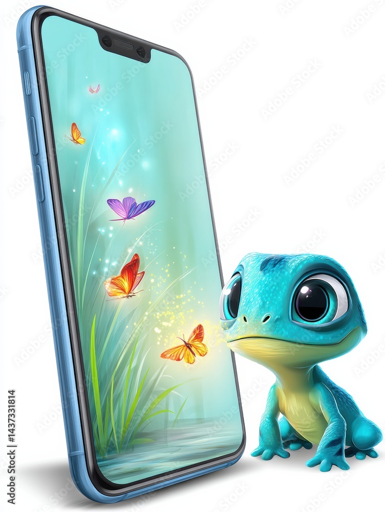 Aufkleber Smartphone Displays Virtual Pet App With Animated Creature Interacting With Colorful Butterflies in a Vibrant Environment