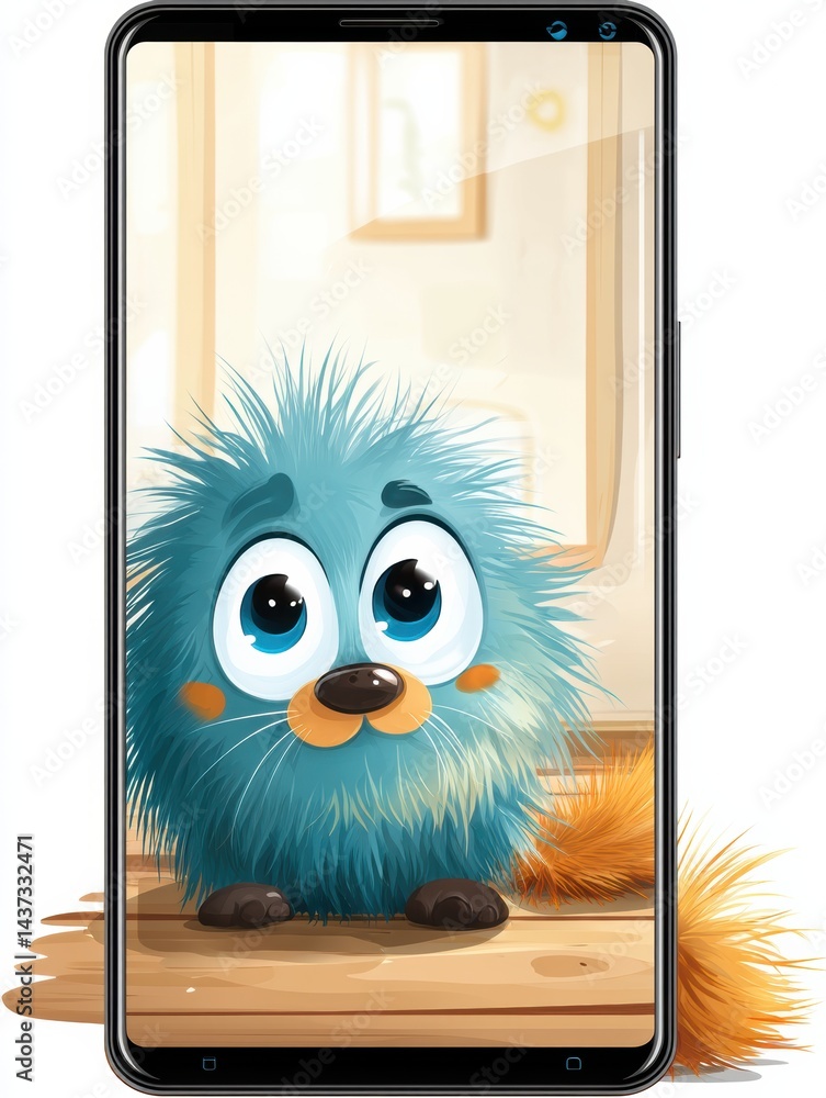 Poster engaging virtual pet app on smartphone showcases adorable animated creature with vibrant colors and 
