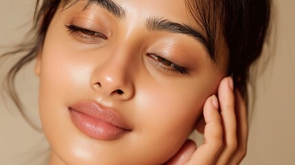 Obraz premium Young Indian Woman with Smooth Skin and Fresh Look on Neutral Background