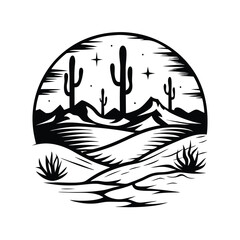 Desert Landscape Silhouette Cacti, Mountains, Sand Dunes, Stars in Circle