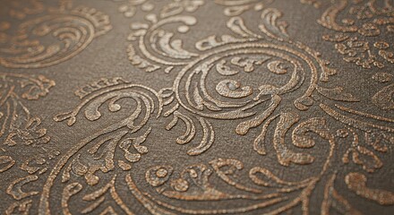 A close up of a gold and brown fabric with a floral pattern