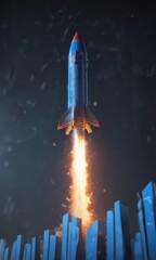 Fototapeta premium Rocket launching from upward trending blue graph, fiery blast, rapid acceleration , success, soaring, growth