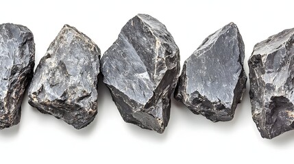 Collection of Textured Black Rocks on a White Background Highlighting Natural Geology and Texture