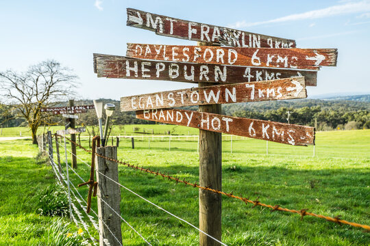 A post with hand painted signs showing directions to local towns