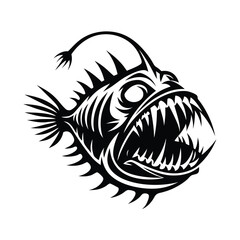 Anglerfish Silhouette with Sharp Teeth, Luminous Lure Sea Predator Black and White