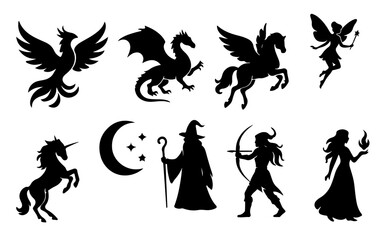 Black silhouettes of mythical creatures and fantasy figures.