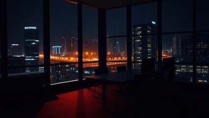 Dark Office Space Overlooking a Cityscape at Night with Soft Ambient Lighting and Reflections