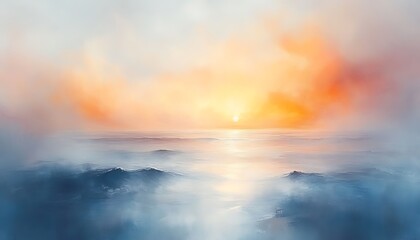 Serene sunrise over misty mountains and sea