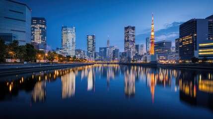 Sunrise over a city skyline reflected in a calm river.  Modern skyscrapers, tranquil waterway, vibrant lights