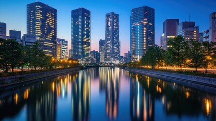 Fototapeta premium Urban cityscape at twilight, reflecting skyscrapers