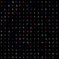 256 various symbols with random colors of world currencies and cryptocurrencies n on a 16x16 grid