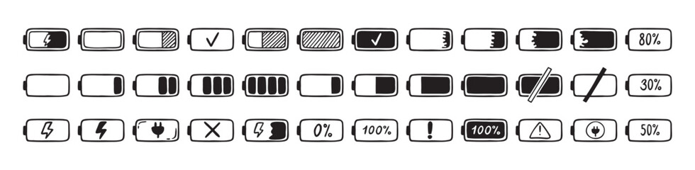 Mobile battery doodle Hand drawn set. Collection pen ink pencil drawing sketches connection indicator isolated. low or high energy charge