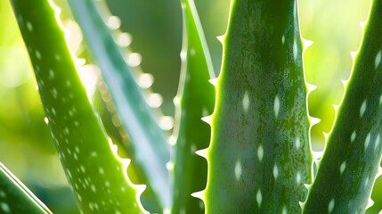 Closeup of Aloe Vera Plant Leaves Highlighting Green Texture and Natural Beauty in Sunlight