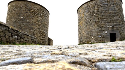 Stone Towers Overlooking Cobblestone Pathway in a Scenic Landscape