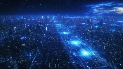 Futuristic cityscape at night, illuminated by glowing lines and data streams, creating a vibrant digital network effect