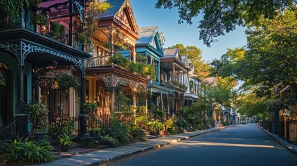 Quaint, colorful houses line a sun-drenched street. Lush greenery adorns the homes