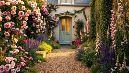 Charming Garden Pathway Surrounded by Colorful Flowers Leading to a Quaint Cottage Entrance