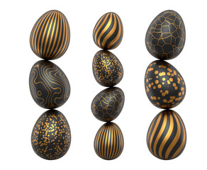 Black Easter eggs featuring golden abstract patterns stacked in columns, glossy artistic style on white background, concept of celebration elegance