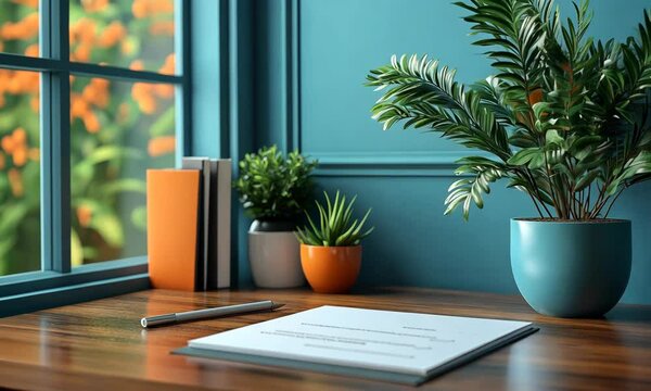 Artistic Workspace Serenity: Desk with Plants, Books, and Natural Light Composition on a wood desktop setup for creative thinking and productive endeavor