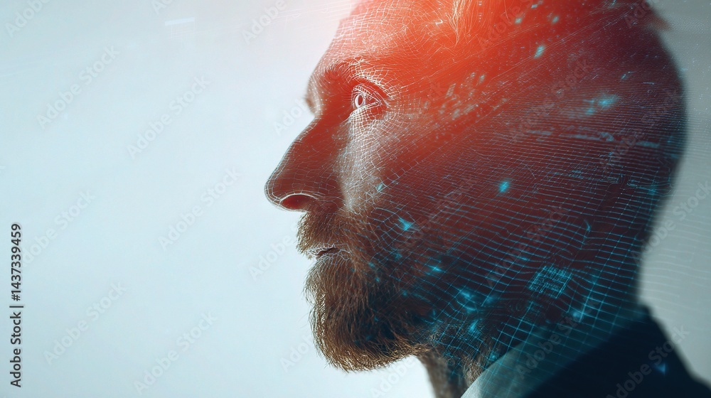 Aufkleber portrait of man with 3d rendered grid overlay in profile view
