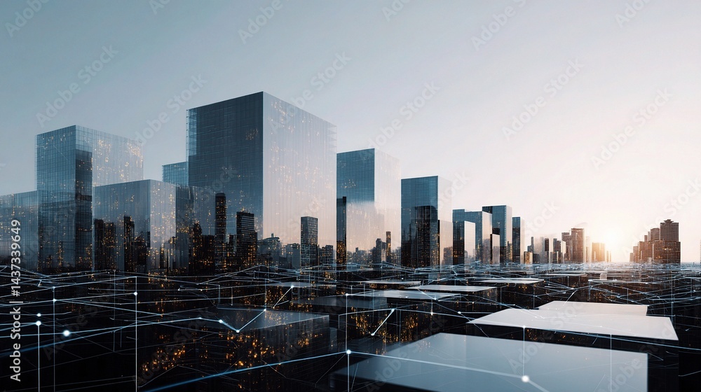 Poster modern city skyline with double exposure and blockchain elements