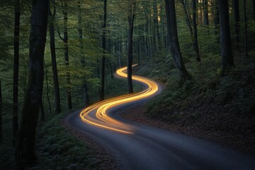 Obraz premium Winding forest road, golden light trails