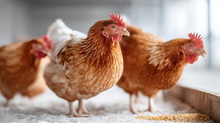 Fototapeta premium A group of beautiful brown and white hens are gathered together in a well-lit coop