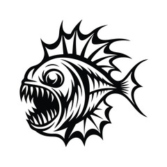 SharpToothed Piranha Fish, Angry, Aggressive, Black and White Illustration, Predator