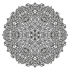 Detailed black and white mandala design featuring ornate floral and leaf motifs, perfect for mindfulness activities, adult coloring pages, tattoo inspiration, and creative decoration.