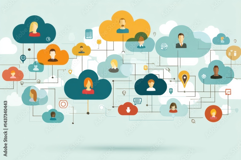 Poster Web of Connected Users and Cloud Icons Representing Digital Communication Networks and Online Interactions Among Individuals