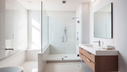Bright And Spacious Modern Bathroom Featuring Elegant Fixtures And Minimalist Design Elements