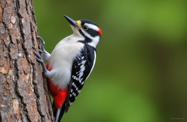 Naklejka premium image of a Woodpecker perched on a pine tree trunk