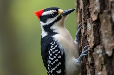 Fototapeta premium image of a Woodpecker perched on a pine tree trunk