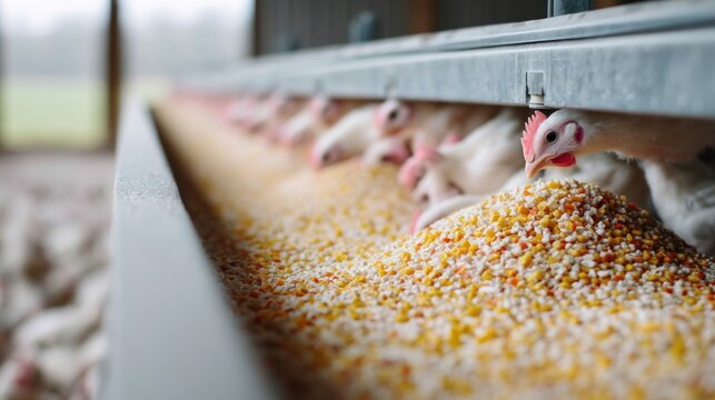 A group of chickens eating from a food trough, showing farm life and agriculture.