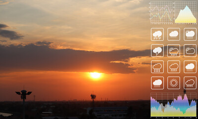 Weather forecast data symbol with graph and chart show aerial view of sunset image on dramatic tropical summer twilight sky and clouds background.

