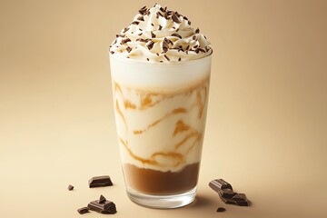 A frothy white chocolate mocha, topped with whipped cream and chocolate shavings