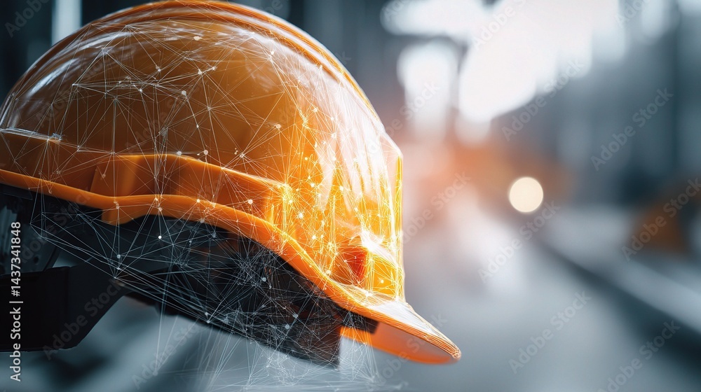 Poster digital network lines overlay on hard hat in double exposure style
