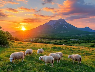 Obraz premium Sheep grazing in a meadow under a sunset, rural scene for travel or agriculture background