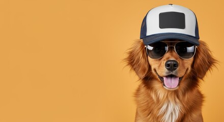 Cool dog wearing sunglasses and a cap against a bright orange background for humorous projects