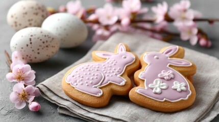 Fototapeta premium Easter cookies shaped as bunnies, with decorated icing, surrounded by eggs and flowers.
