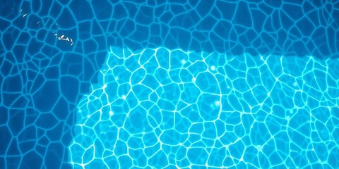 Overhead view of a swimming pool's shimmering, rippling bottom, sunlit water surface texture, waves, blue