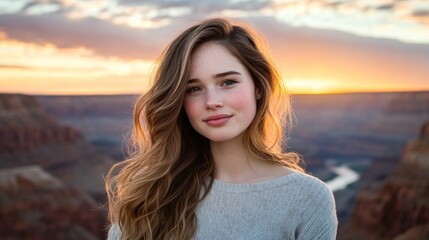 Young woman with long, wavy hair,  smiling outdoors at sunset.  Canyon backdrop