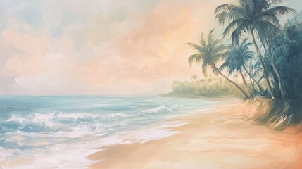 Fototapeta premium Tropical beach sunset scene. Soft pastel colors depict a serene beach with palm trees