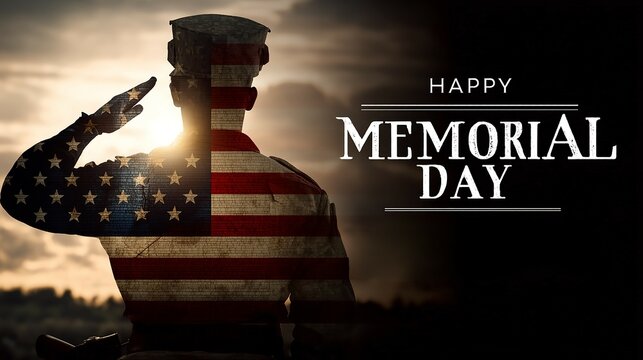 a soldier saluting, patterned with a flag, text reads "Happy Memorial Day".