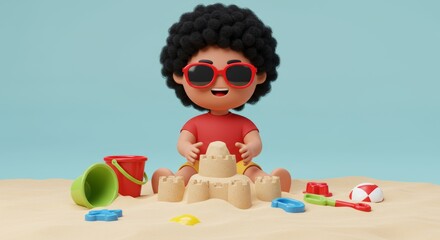 Obraz premium Cute cartoon boy with afro playing with sandcastle at the beach on sunny day