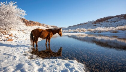 Horse by frozen river in winter
